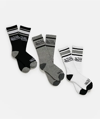 Von Dutch Oval Stripe 3 Pack White, Grey & Black Crew Socks