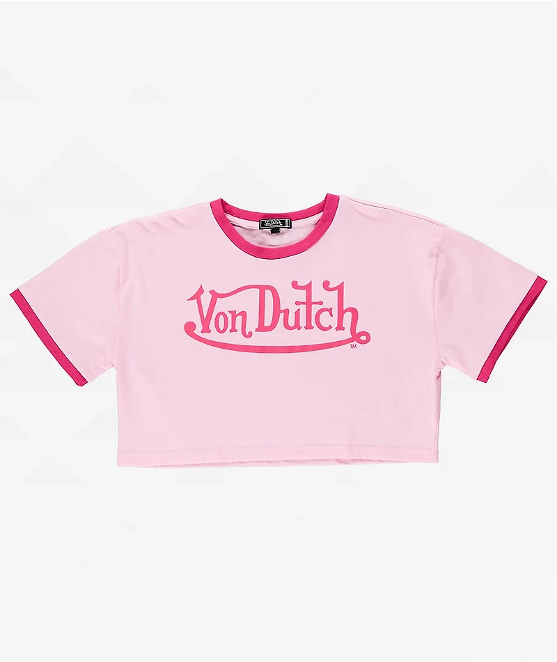 Von Dutch Signature Pink Ringer Crop T-Shirt