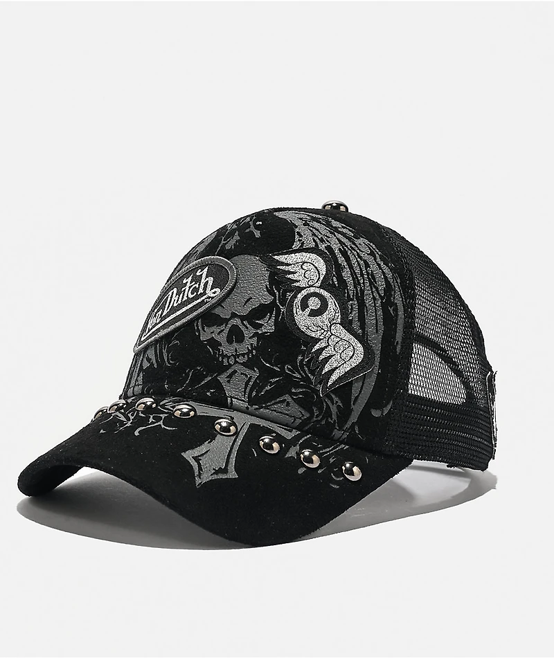Von Dutch Studded Black Suede Trucker Hat