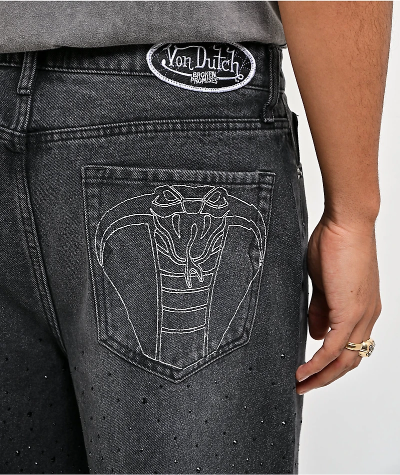 Von Dutch x Broken Promises Night Sky Rhinestone Black Wash Denim Shorts