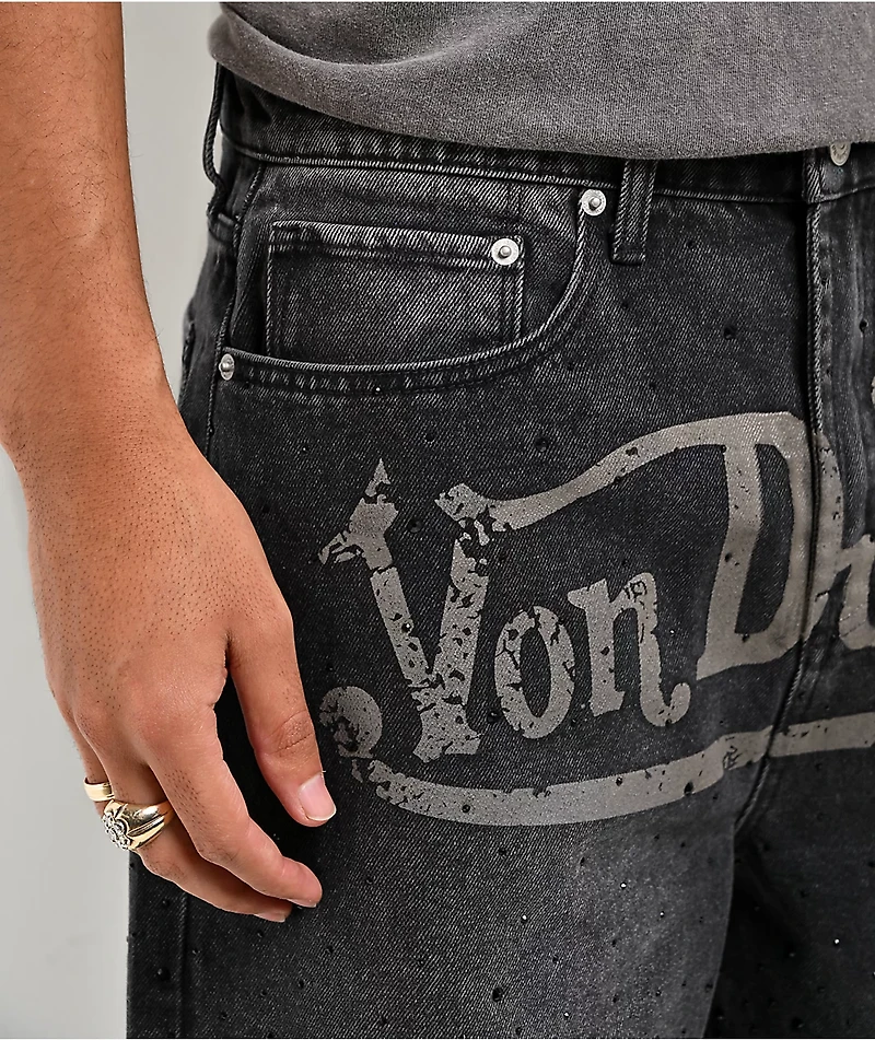 Von Dutch x Broken Promises Night Sky Rhinestone Black Wash Denim Shorts