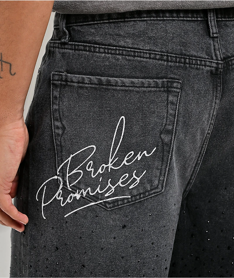 Von Dutch x Broken Promises Night Sky Rhinestone Black Wash Denim Shorts
