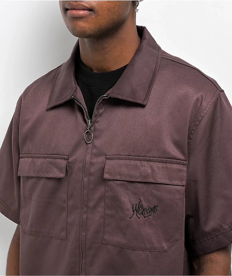 Welcome Bapholit Embroidered Purple Short Sleeve Work Shirt