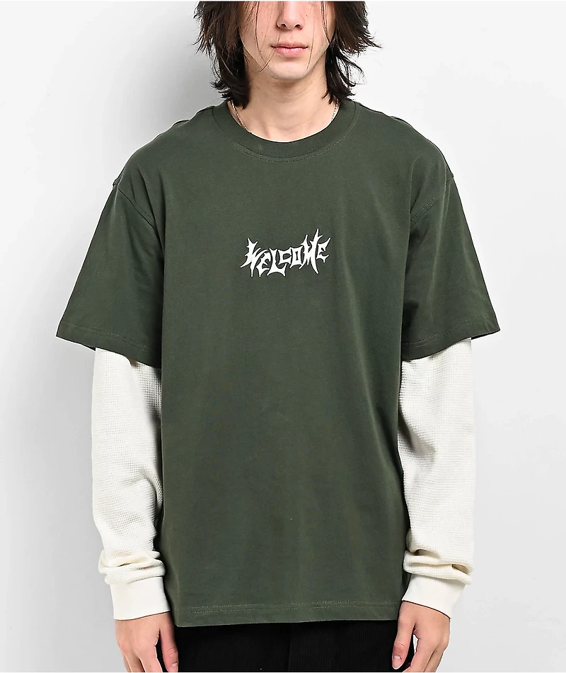 Welcome Batwing Dark Green 2Fer Long Sleeve T-Shirt