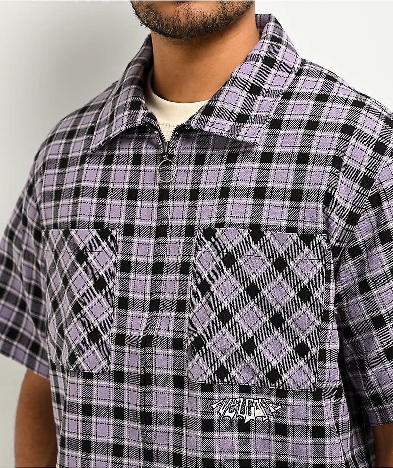 Welcome Cell Plaid Lavender Grey Short Sleeve Work Shirt