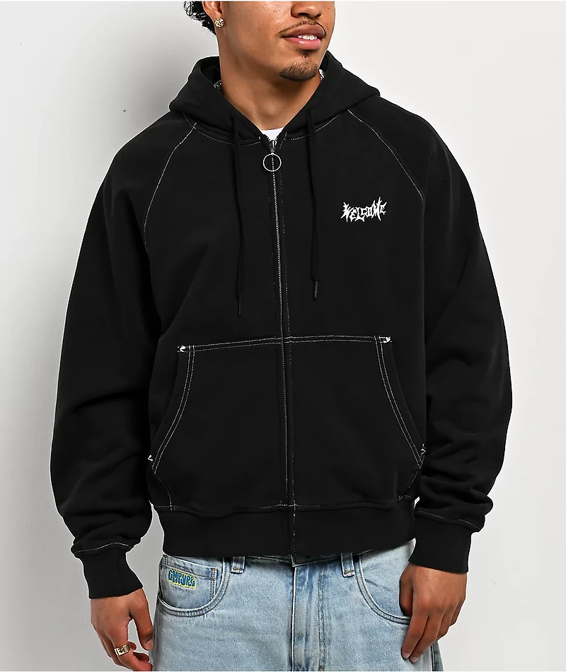 Welcome Pigment Dye Black Crop Zip Hoodie