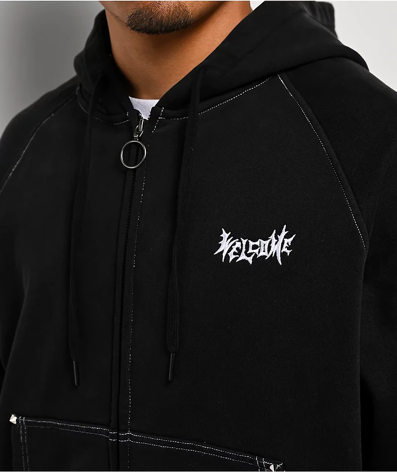 Welcome Pigment Dye Black Crop Zip Hoodie