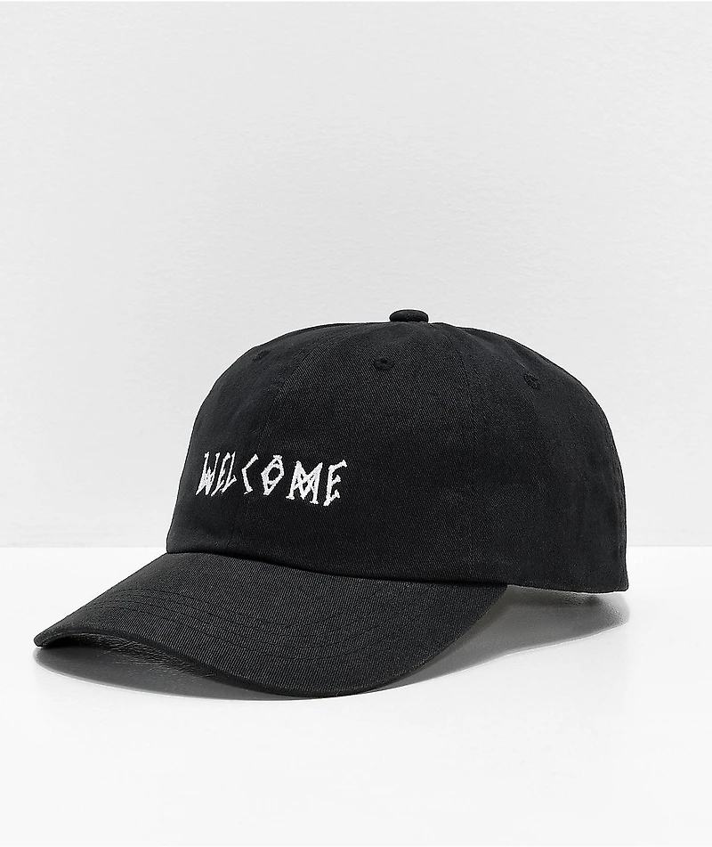 Welcome Scrawl Peached Black Strapback Hat