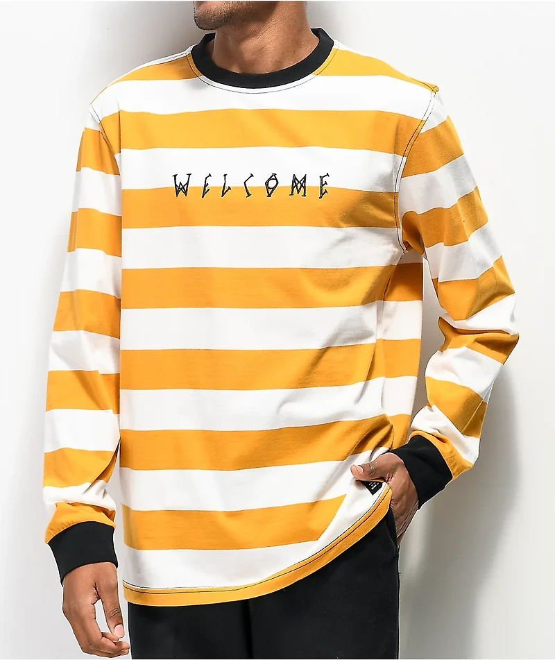 Welcome Thicc Stripe White & Gold Knit Long Sleeve T-Shirt