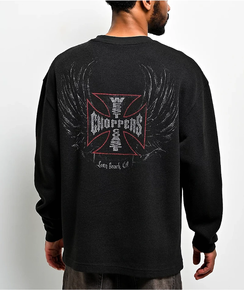 West Coast Choppers Rebel Wings Black Wash Thermal Long Sleeve T-Shirt