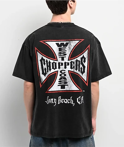 West Coast Choppers Red Outline Cross Black Wash T-Shirt