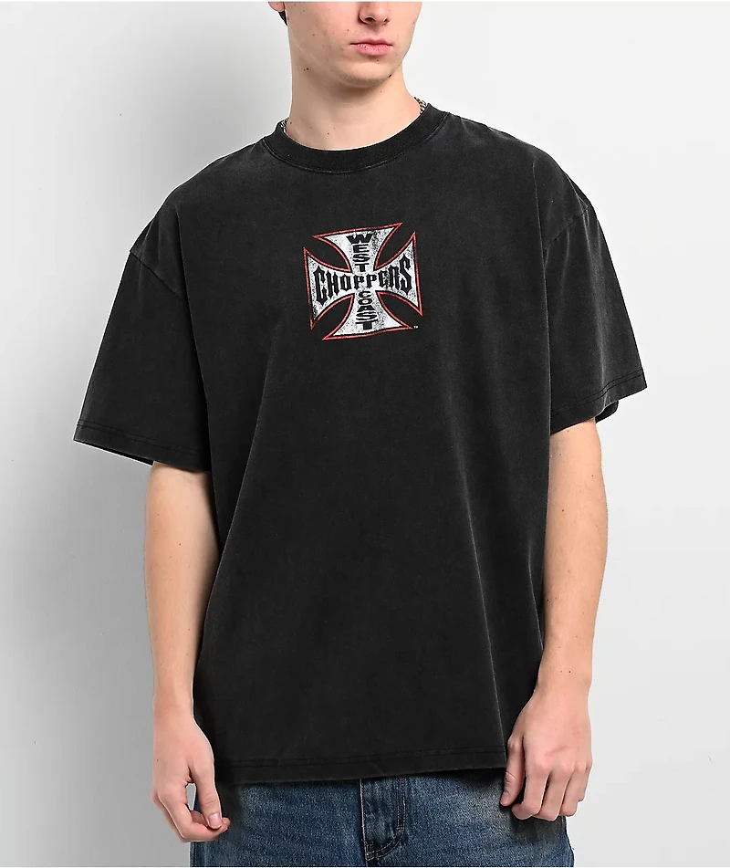 West Coast Choppers Red Outline Cross Washed Black T-Shirt