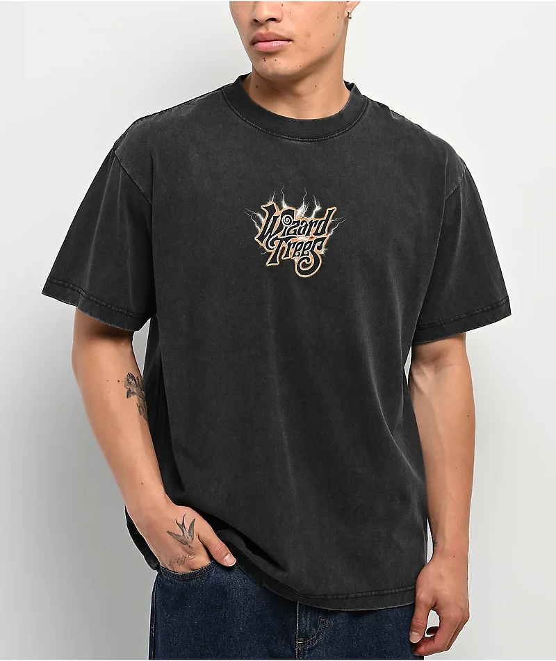 Wizard Trees Lightning Hand Black Wash T-Shirt