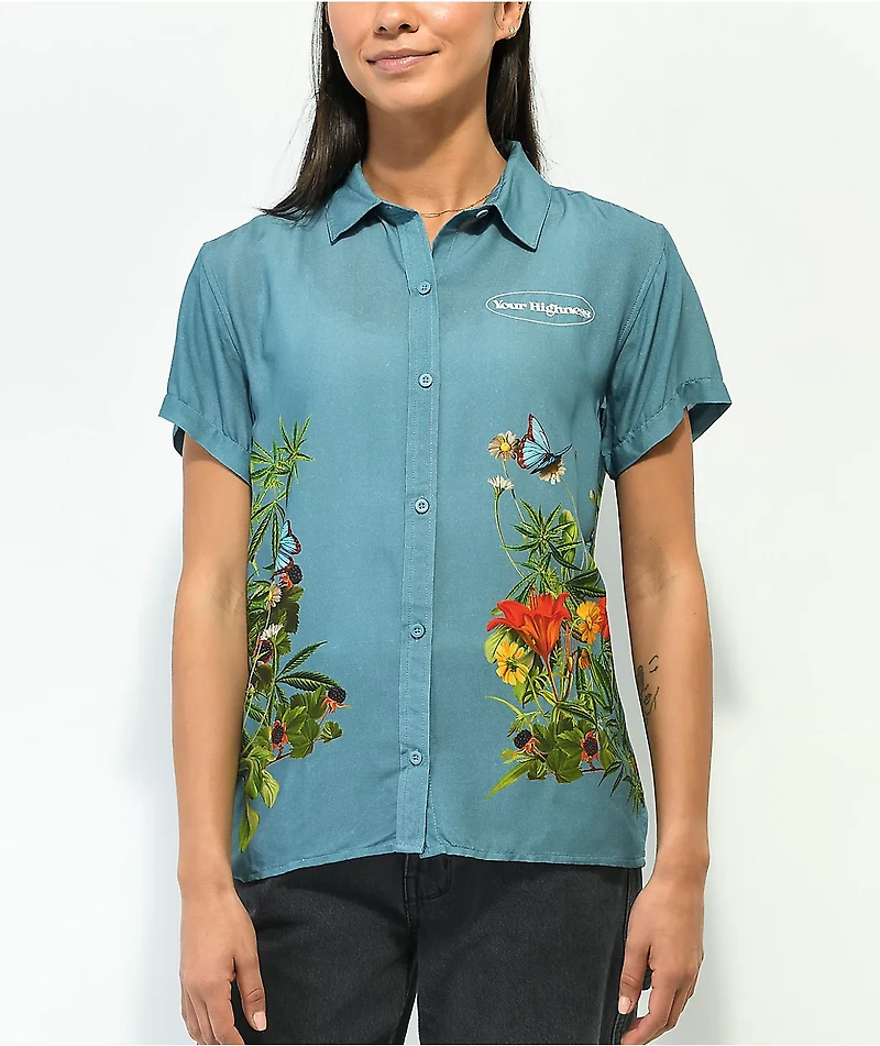 Your Highness Botanical Blue Short Sleeve Button Up Shirt