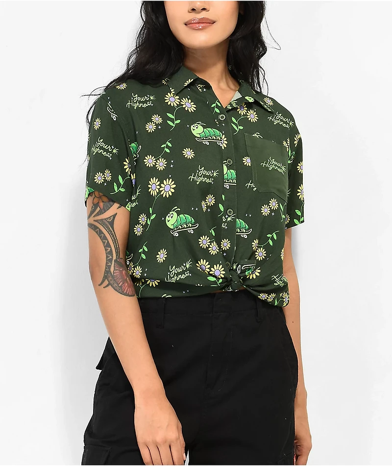 Your Highness Caterpillar Green Crop Button Up Shirt