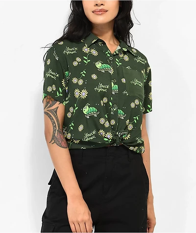 Your Highness Caterpillar Green Crop Button Up Shirt