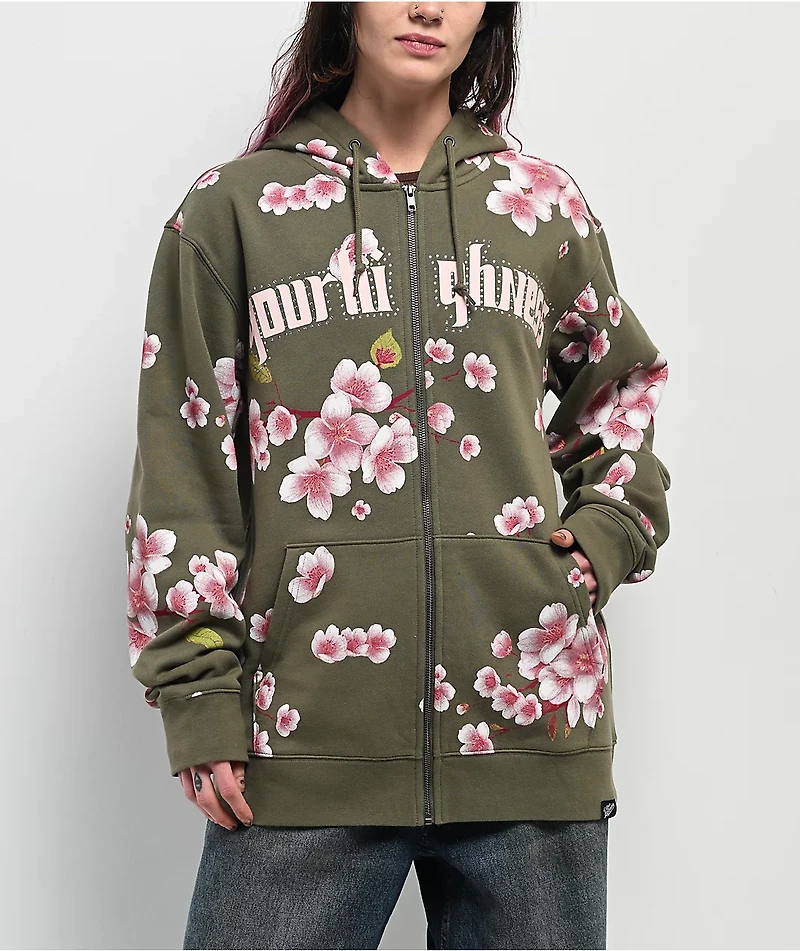Your Highness Cherry Blossom Green Zip Hoodie