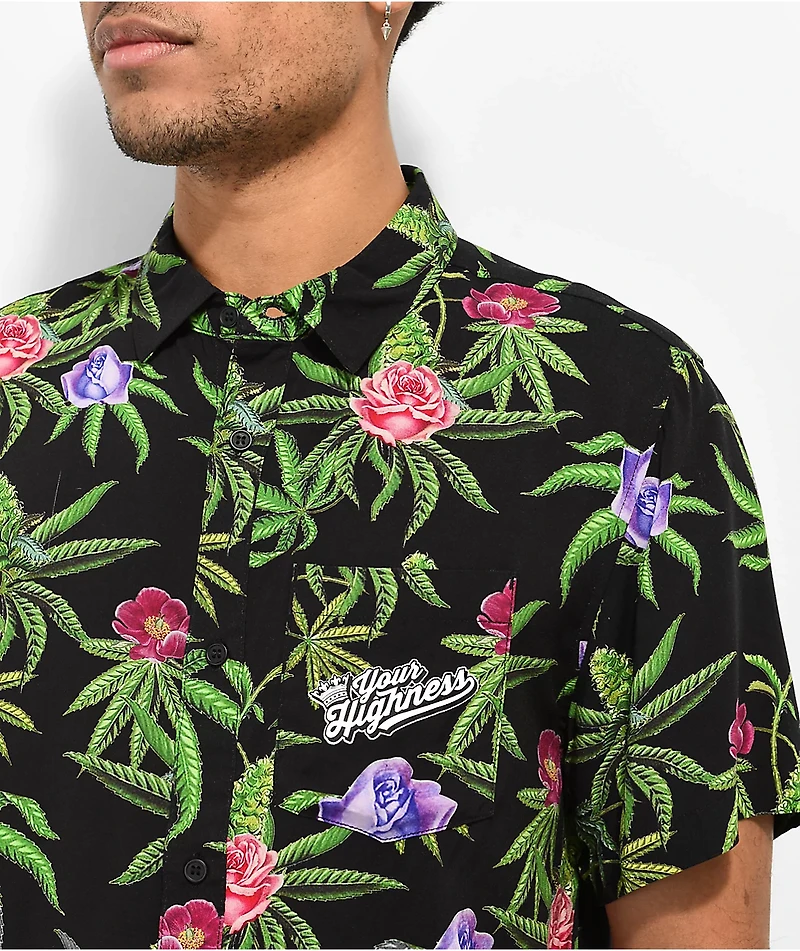 Your Highness Green Dream Black Short Sleeve Button Up Shirt