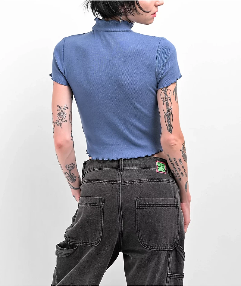 Zine Carla Blue Mock Neck Crop T-Shirt