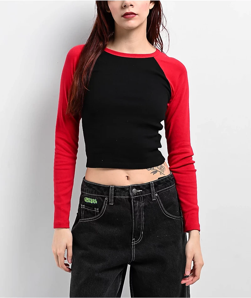 Zine Sam Red & Black Raglan Long Sleeve Crop T-Shirt