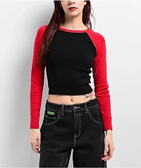 Zine Sam Red & Black Raglan Long Sleeve Crop T-Shirt