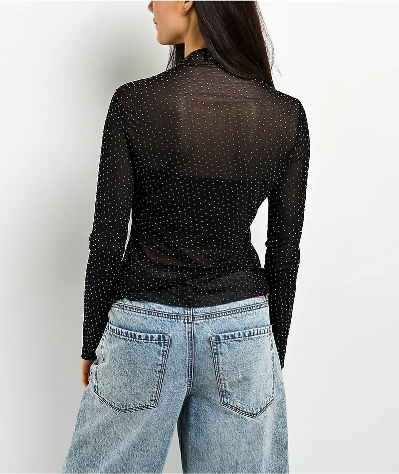 Zutter Swiss Dot Rhinestone Lace Black Long Sleeve Mock Neck Shirt
