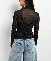 Zutter Swiss Dot Rhinestone Lace Black Long Sleeve Mock Neck Shirt