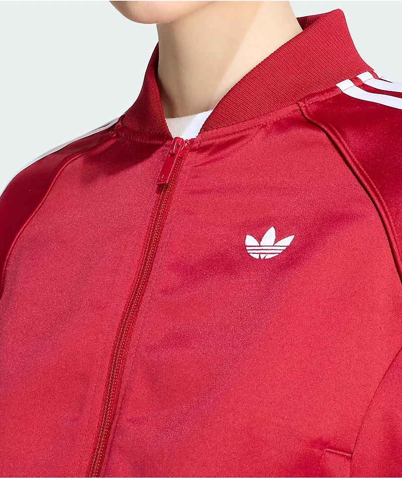 adidas Adicolor Red Satin Crop Zip Track Jacket