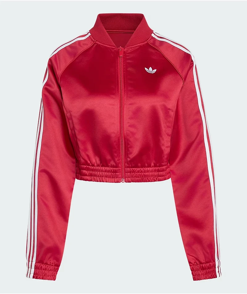 adidas Adicolor Red Satin Crop Zip Track Jacket