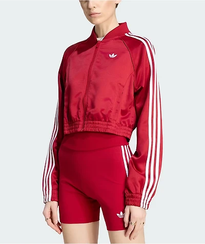 adidas Adicolor Red Satin Crop Zip Track Jacket