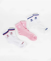 adidas Cosmic White & Pink 3 Pack Quarter Crew Socks