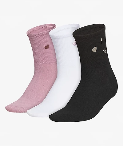 adidas Icons 3 Pack Pink, White & Black Quarter Socks