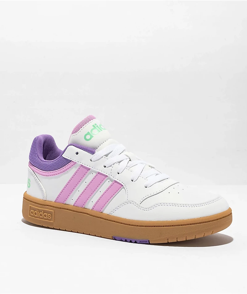 adidas Kids Hoops 3.0 White, Bliss Lilac & Gum Shoes