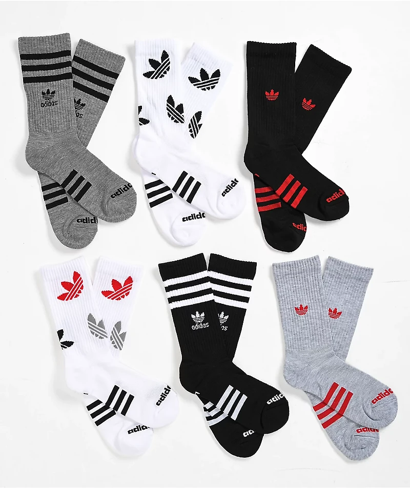adidas Kids Remix 2.0 Black, White & Grey 6 Pack Crew Socks