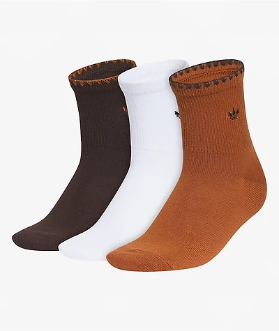 adidas Luna Brown & White 3 Pack High Quarter Crew Socks