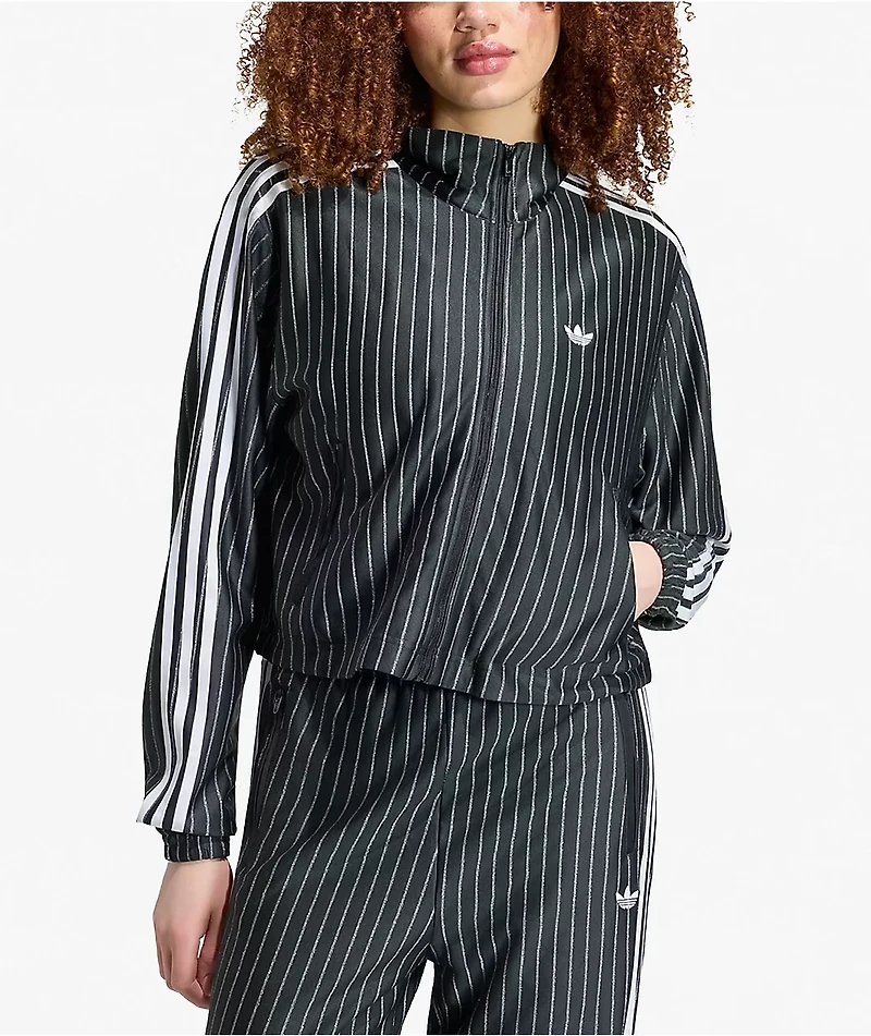 adidas Originals Firebird Pinstripe Black & Silver Metallic Crop Track Jacket