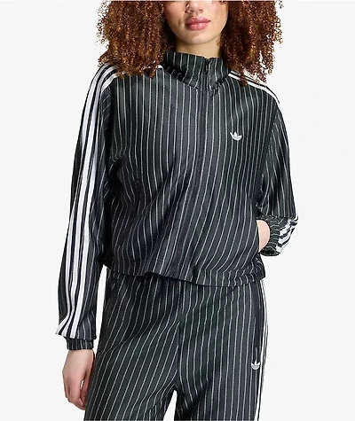 adidas Originals Firebird Pinstripe Black & Silver Metallic Crop Track Jacket