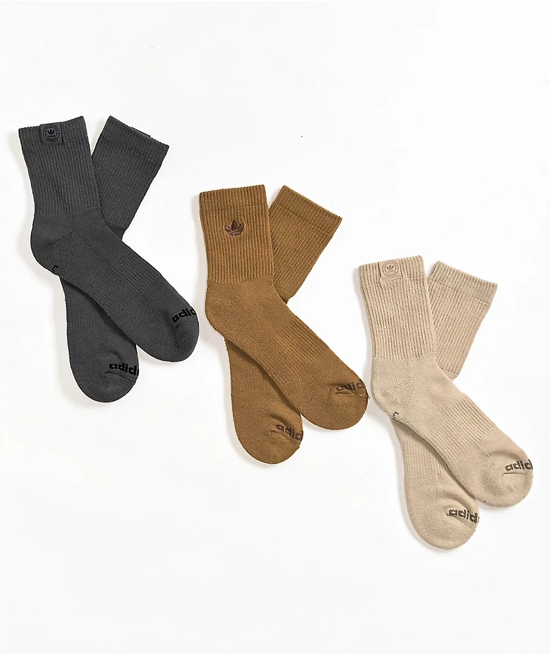 adidas Originals Trefoil 3 Pack Brown, Beige & Grey Mid Crew Socks