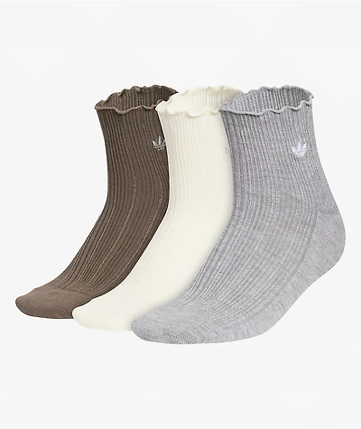 adidas Ruffle 3 Pack Brown, Cream & Grey Ankle Socks