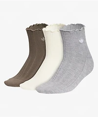 adidas Ruffle 3 Pack Brown, Cream & Grey Ankle Socks