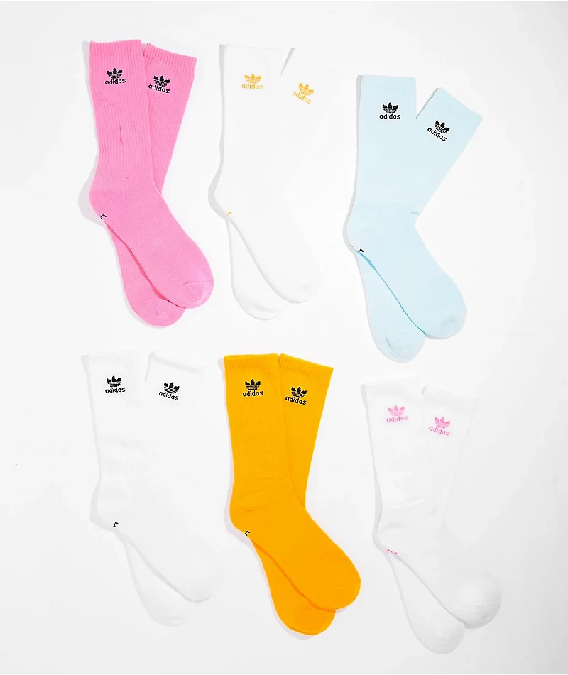 adidas Trefoil White, Pink & Blue 6 Pack Crew Socks