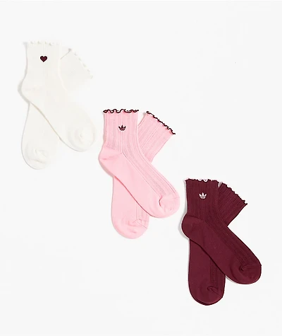 adidas Valentine Ruffle 3 Pack Pink, Red & White Ankle Socks
