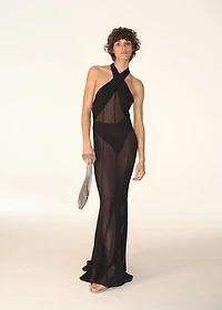 Long semi-transparent dress with crossed neckline
