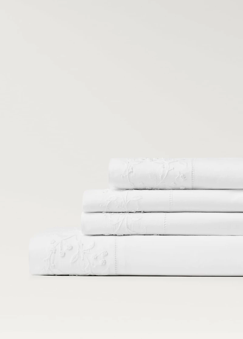 Cotton percale top sheet with embroidered flowers for 180/200 cm bed