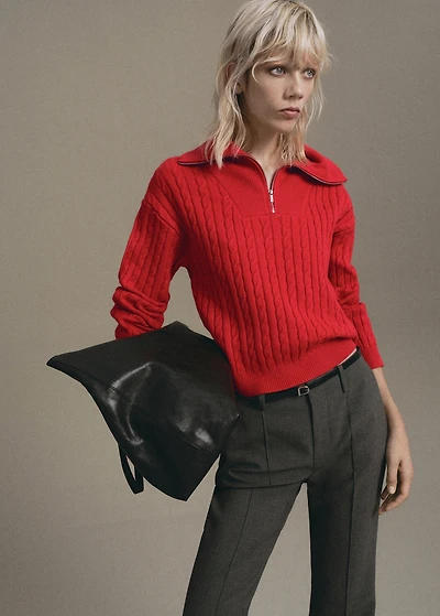 Cable-knit sweater with zip-up neck