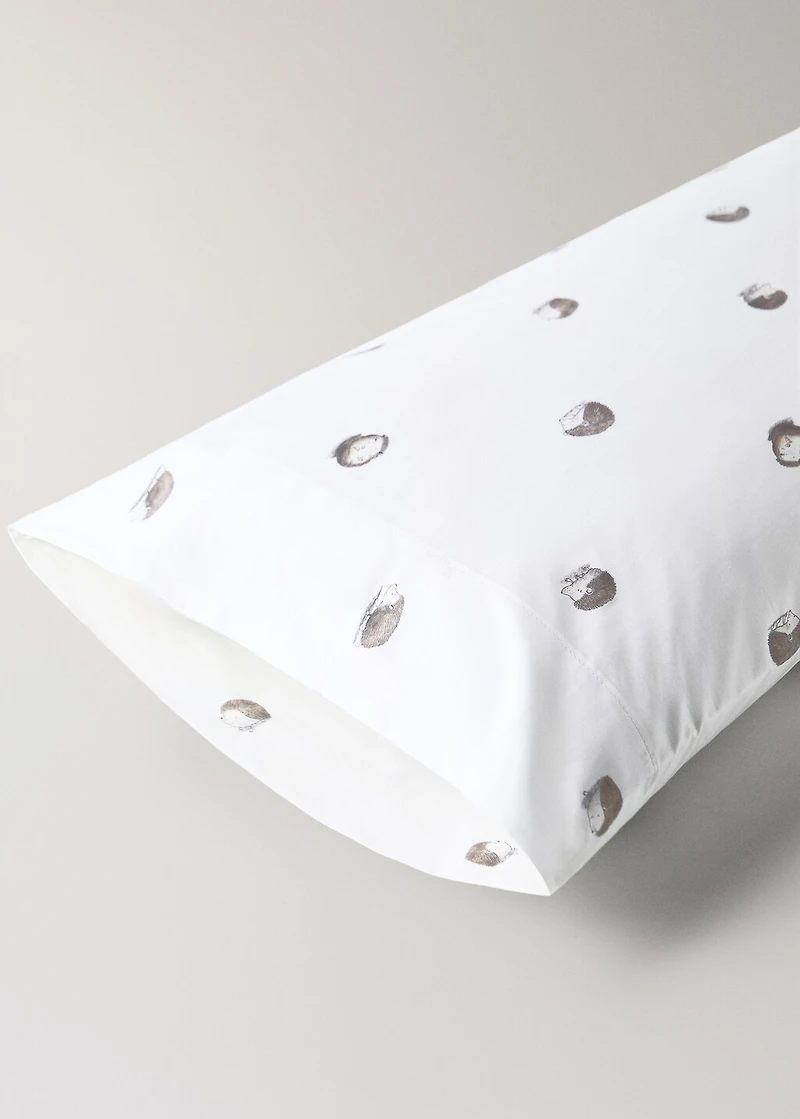 Percale cotton pillowcase with hedgehog print, 45x110 cm