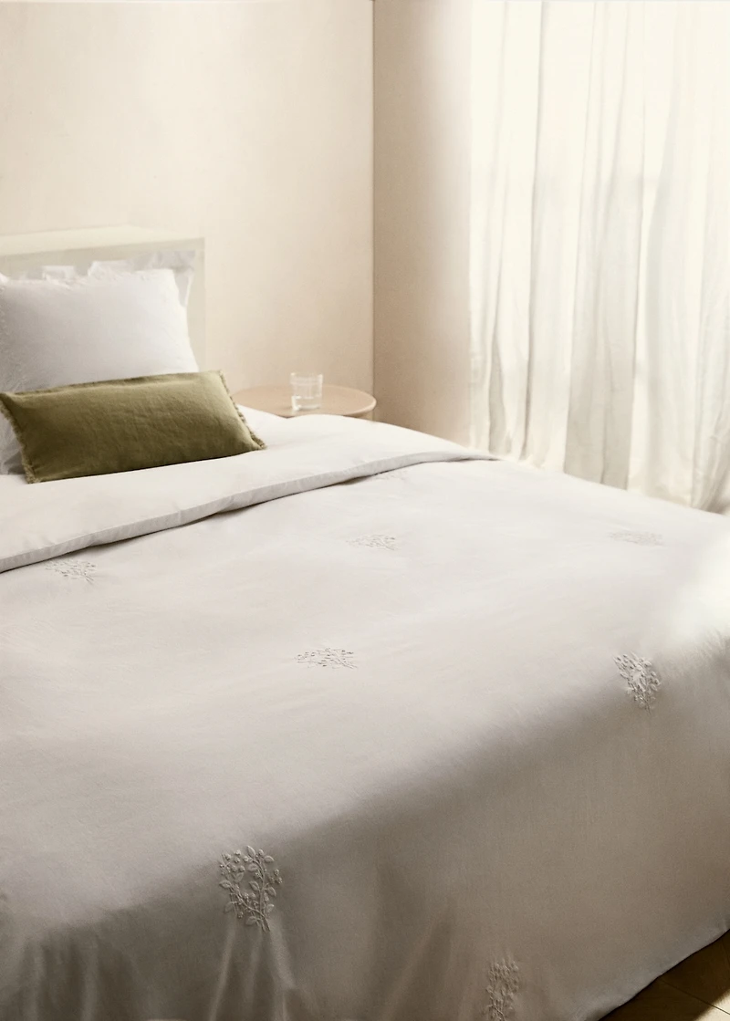 Percale cotton duvet cover with embroidered flowers for 180/200 cm bed