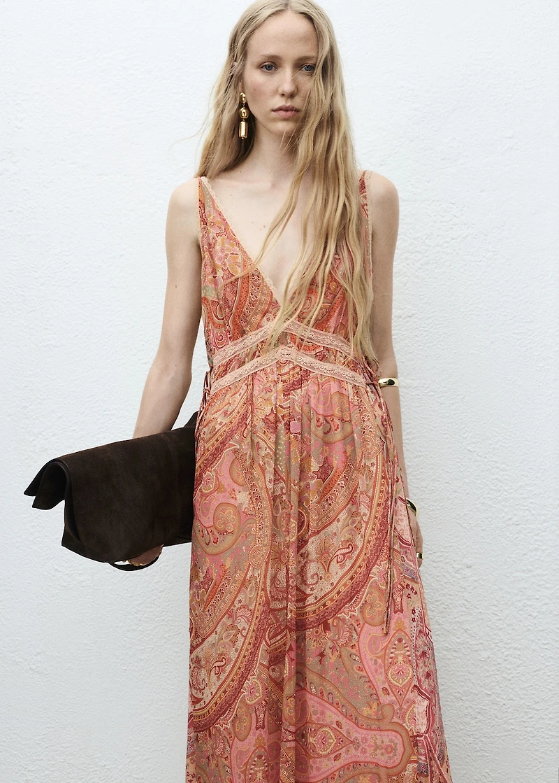 Paisley-print dress with lace trim