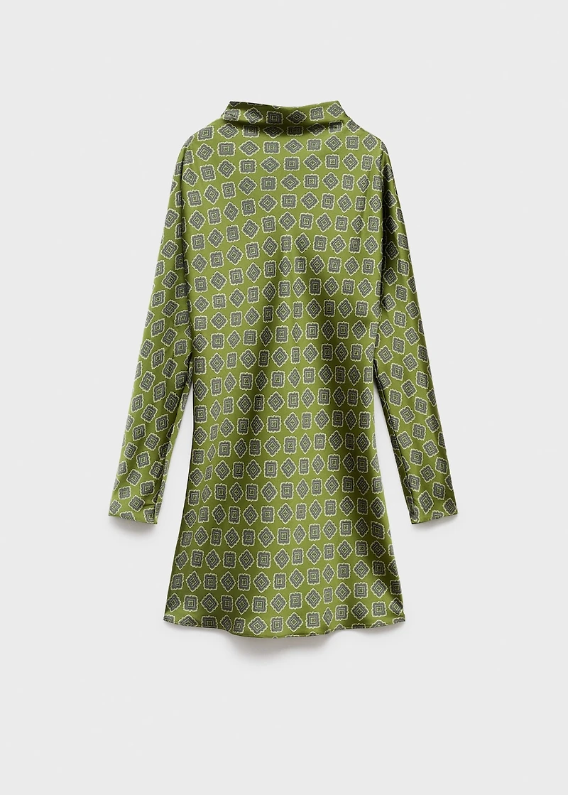 Satin printed dress with perkins collar