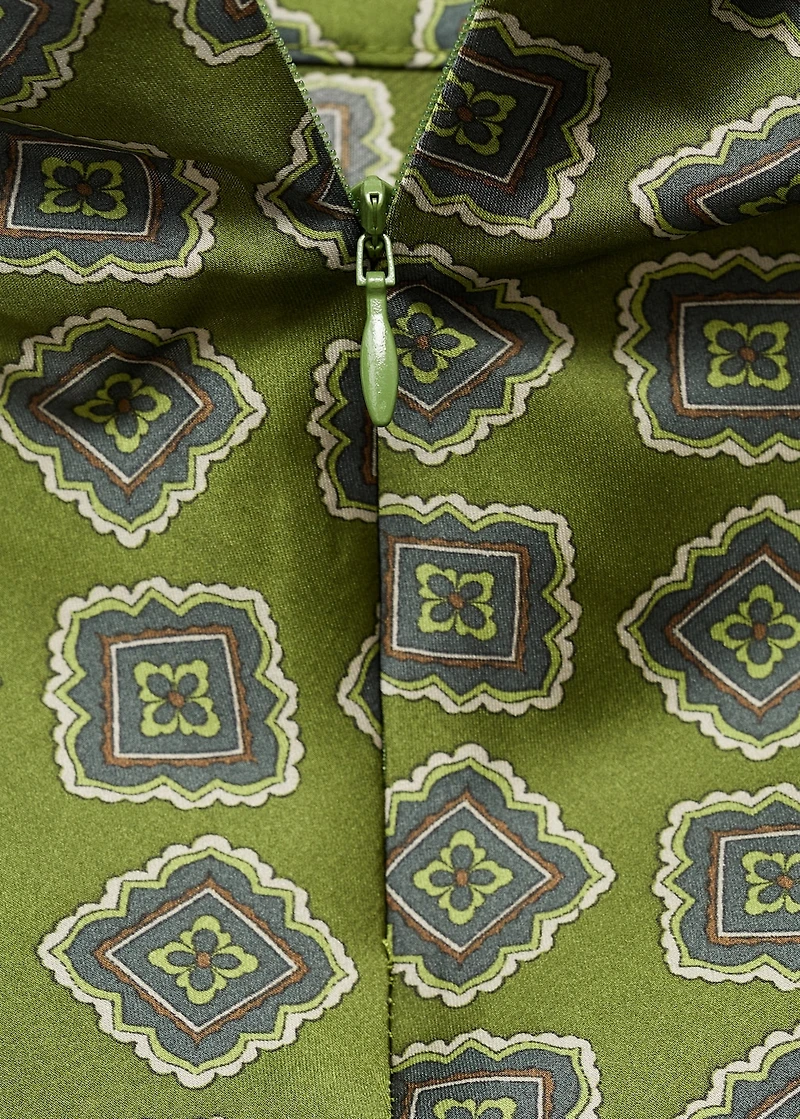 Satin printed dress with perkins collar